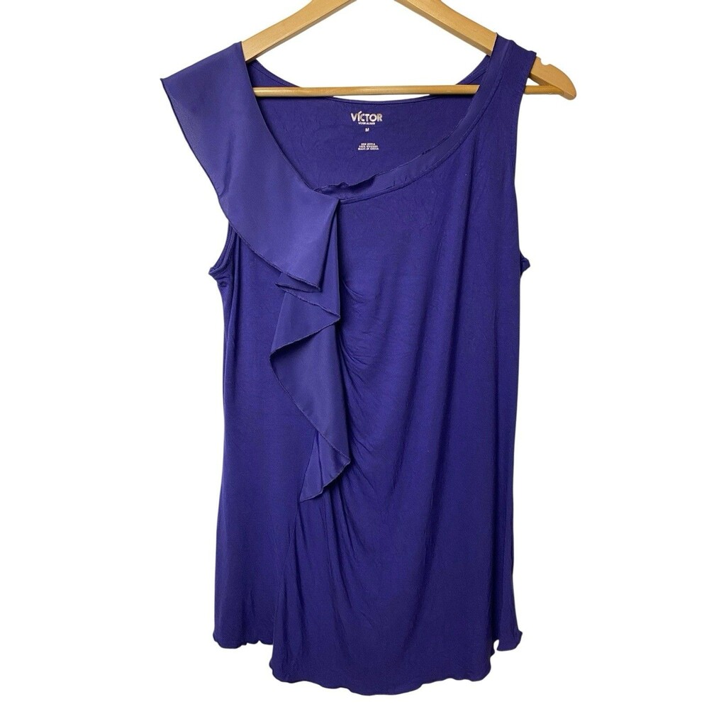 Victor Alfaro Ruffle Blouse Womens M Purple Sleeveless Top Elegant Draped Flowy